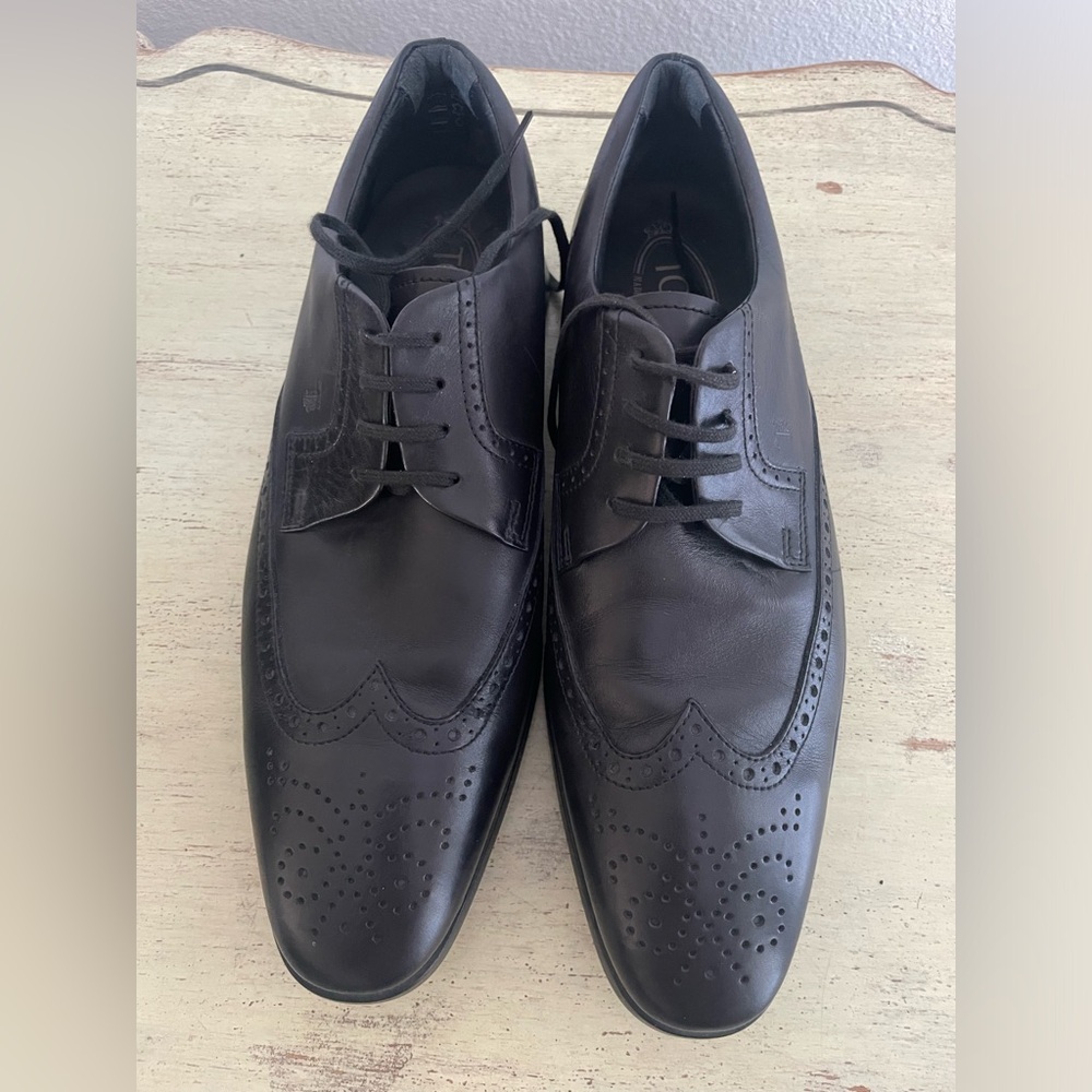 TOD'S Made in Italy Rubber Pebble Sole Wingtip Shoes in Black Size UK 8 /9 $895